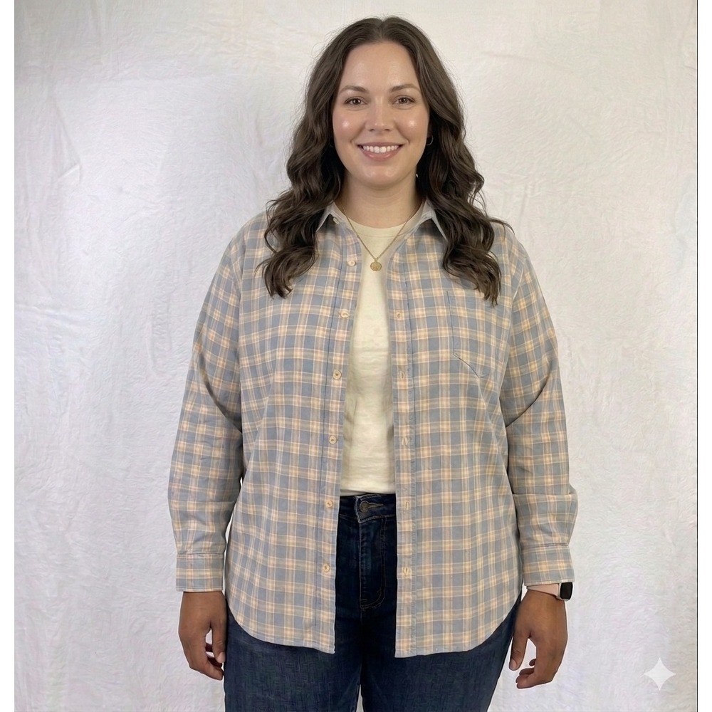Lauren Ralph Lauren Blue Tan Plaid Cotton Button Down Shirt Blouse 3X Womens